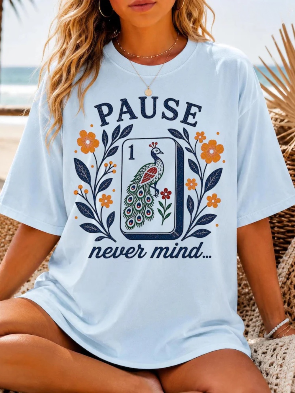 Light Blue Short Sleeve Tee with Peacock Card Graphic